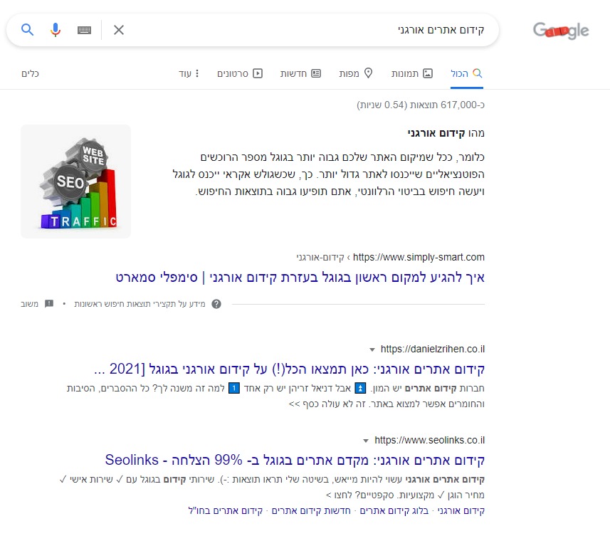 דוגמא למקום ראשון בגוגל